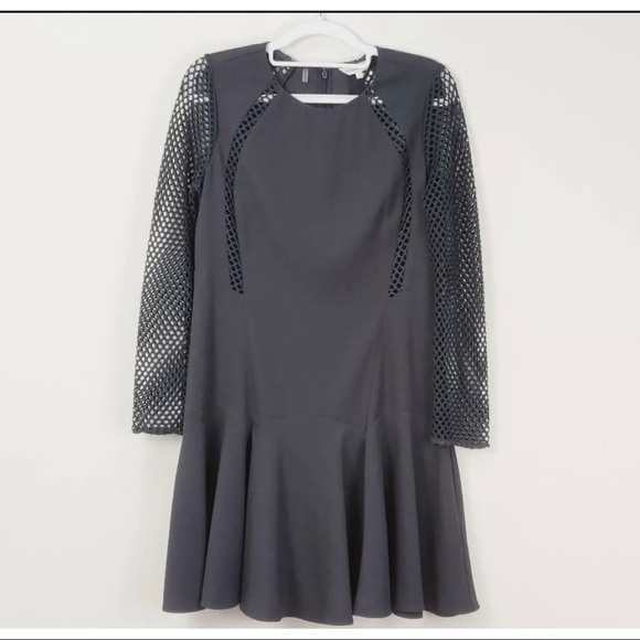 $425 Rebecca Taylor Sz 4 Gray Mesh Fishnet Fit and Flare Dress Skater Work - Picture 7 of 12